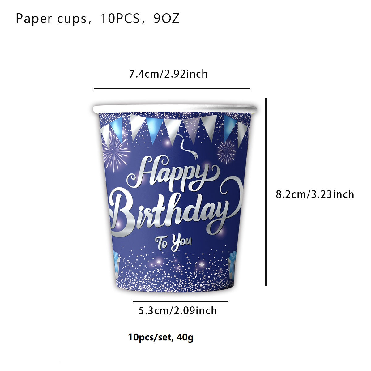Blå "Happy Birthday" papkrus - 10 stk