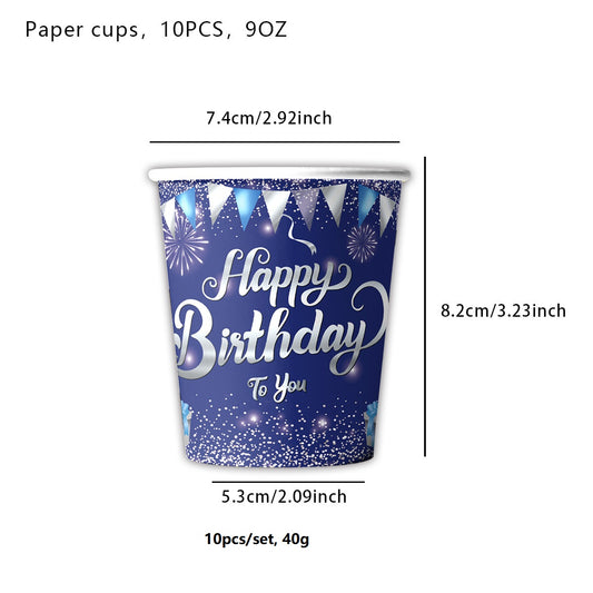 Blå "Happy Birthday" papkrus - 10 stk
