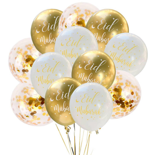 Eid Mubarak ballon hvid-guld sæt 12 stk