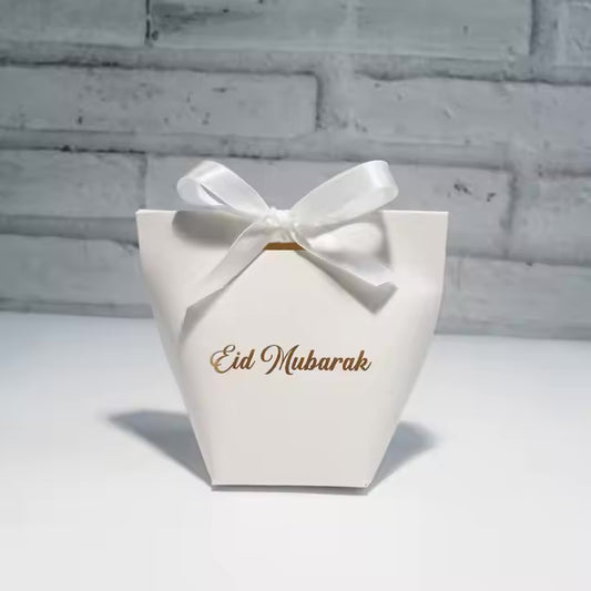Eid Mubarak æske hvis m. hvid sløjfe 8 stk sæt