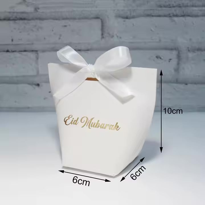 Eid Mubarak æske hvis m. hvid sløjfe 8 stk sæt