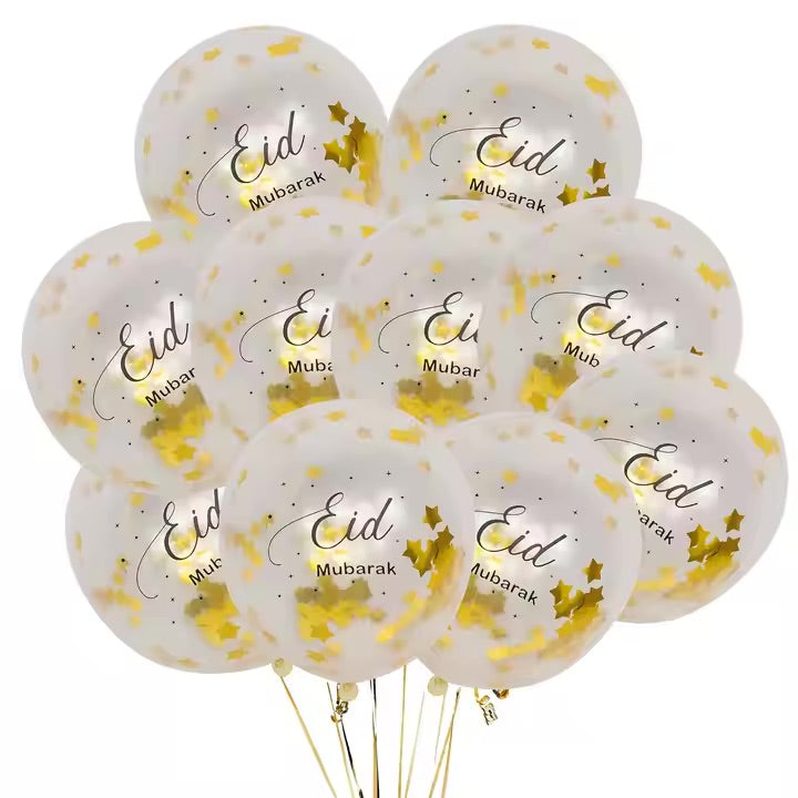 Eid Mubarak konfetti ballon hvid-guld - 10 stk