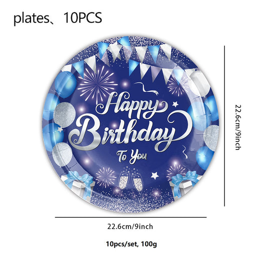 Blå "Happy Birthday" Tallerkener 23 cm - 10 stk