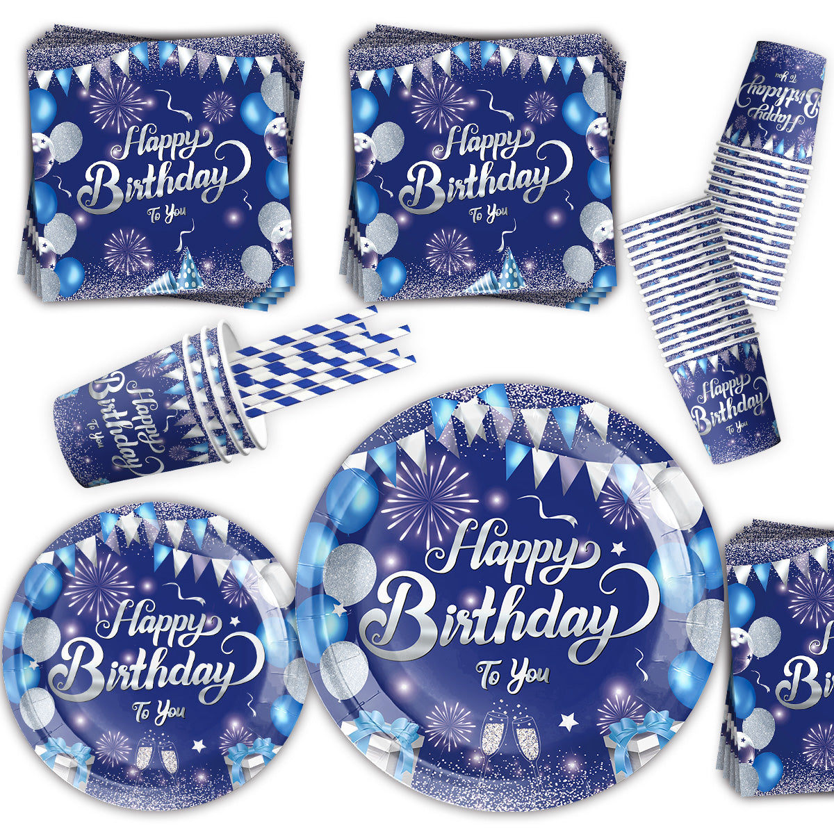 Blå "Happy Birthday" Tallerkener 23 cm - 10 stk
