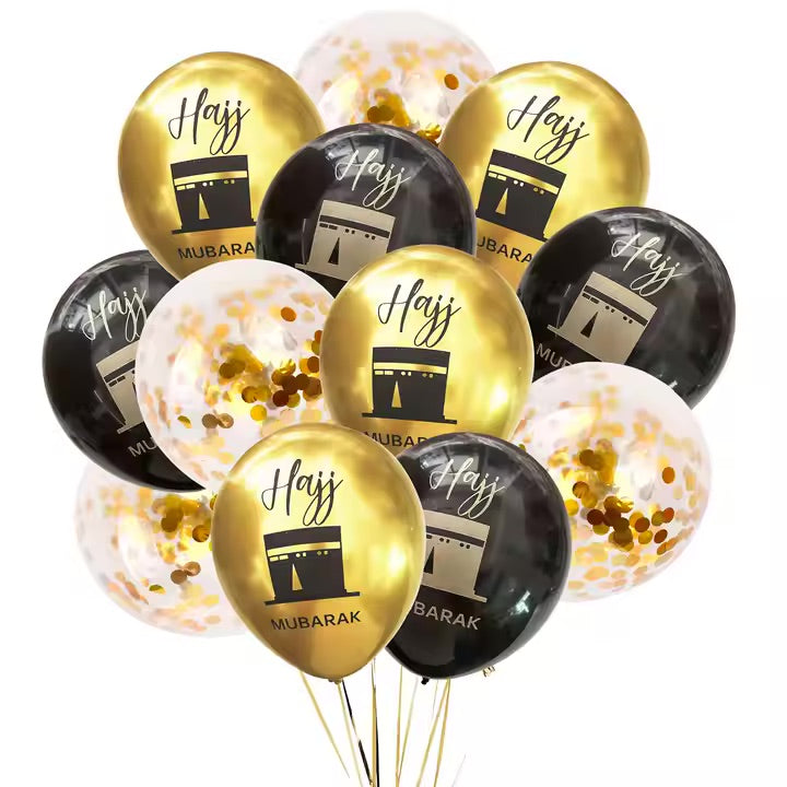 Hajj Mubarak ballon sort/guld sæt 12 stk
