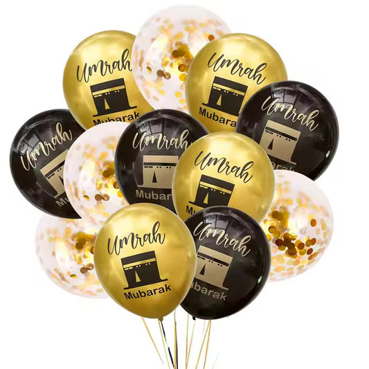 Umrah Mubarak ballon sort/guld sæt 12 stk