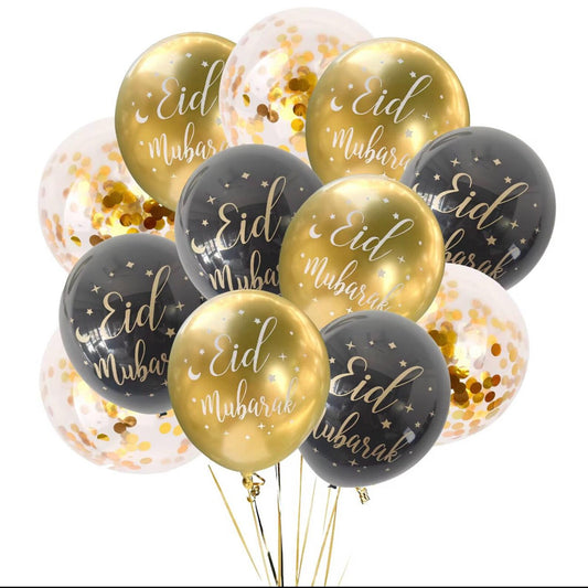 Eid Mubarak ballon sort/guld sæt 12 stk