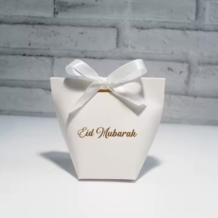 Eid Mubarak æske hvis m. hvid sløjfe 8 stk sæt
